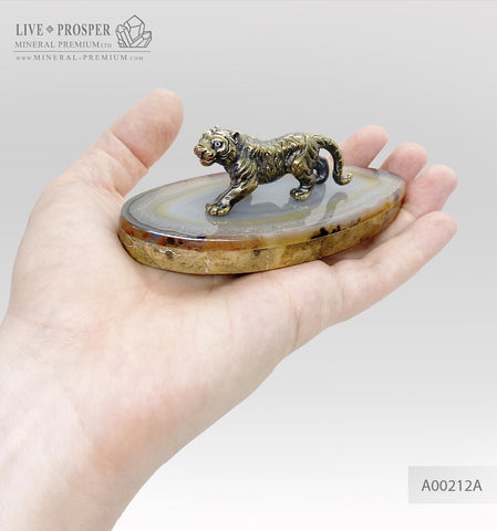 Handmade bronze tiger figure with Swarovski inserts and agate and marble plates