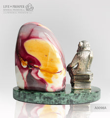 Bronze figure of monkey philosophy with mookaite jasper on marvel plate A0098A