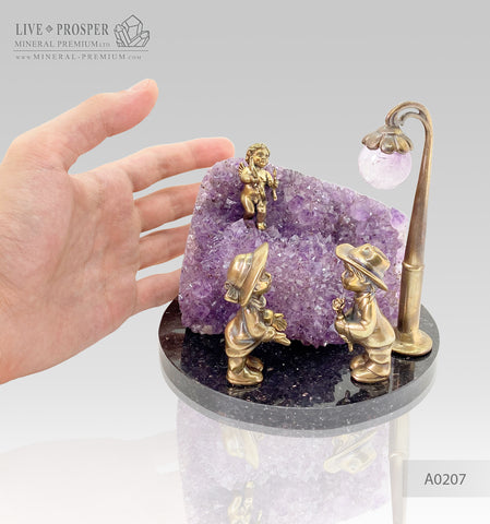 Bronze cupid and sweethearts with a rose flower geode agate amethyst druzy background A0207