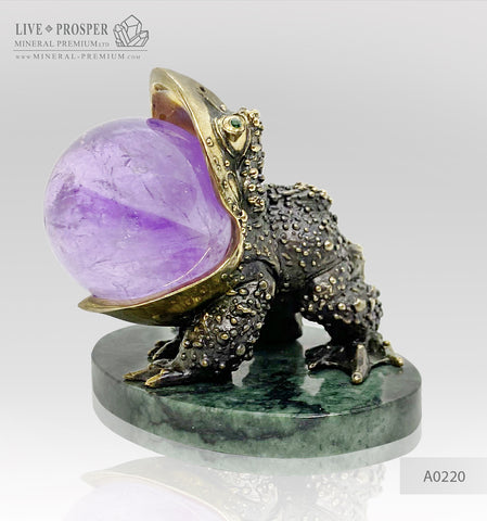 Bronze figure of frog with demantoid inserts with pink quartz sphere on a marvel plate A0220