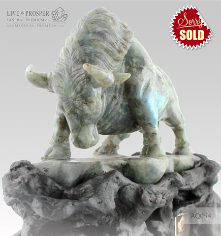 Solid Labradorite carving of Bull - Business Protector on a Wooden stand