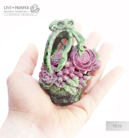 Solid Ruby Zoisite carving of Wedding Basket with Fowers , Berries and Cicada on a Wooden stand