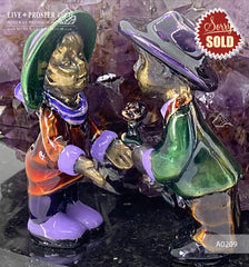 Bronze composition of cupid and sweethearts with a rose flower and street light within geode agate amethyst druzy background A0209