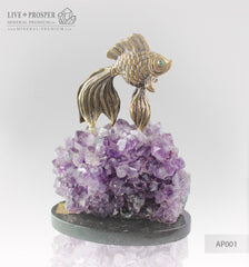 Bronze figure of Goldfish with Demantoid eyes and Amethyst on a Dolerite plate