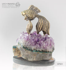 Bronze figure of Goldfish with Demantoid eyes and Amethyst on a Dolerite plate