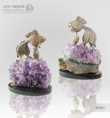 Bronze figure of Goldfish with Demantoid eyes and Amethyst on a Dolerite plate
