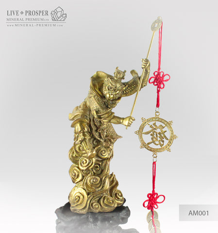 Bronze Figure of  Monkey King with Prosperity Scepter with a Wheel of Fortune on a Wooden stand