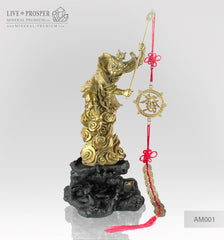 Bronze Figure of  Monkey King with Prosperity Scepter with a Wheel of Fortune on a Wooden stand