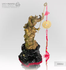 Bronze Figure of Monkey King with Prosperity Scepter - Eastern lunar Calendar on a Wooden stand