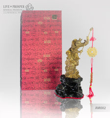 Bronze Figure of Monkey King with Prosperity Scepter - Eastern lunar Calendar on a Wooden stand