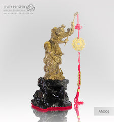 Bronze Figure of Monkey King with Prosperity Scepter - Eastern lunar Calendar on a Wooden stand