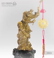 Bronze Figure of Monkey King with Prosperity Scepter - Eastern lunar Calendar on a Wooden stand