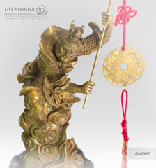 Bronze Figure of Monkey King with Prosperity Scepter - Eastern lunar Calendar on a Wooden stand