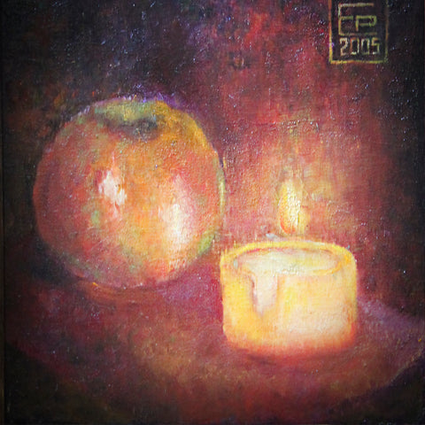 Still life Apple with candle canvas on hardboard, oil Eshurin Rostislav