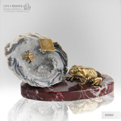 Bronze figures of Frog and Fly with Demantoid eyes on Geodes agate Amethyst druz