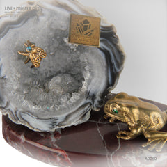 Bronze figures of Frog and Fly with Demantoid eyes on Geodes agate Amethyst druz