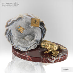 Bronze figures of Frog and Fly with Demantoid eyes on Geodes agate Amethyst druz