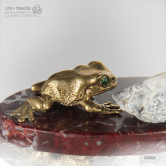 Bronze figures of Frog and Fly with Demantoid eyes on Geodes agate Amethyst druz
