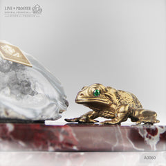 Bronze figures of Frog and Fly with Demantoid eyes on Geodes agate Amethyst druz