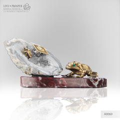 Bronze figures of Frog and Fly with Demantoid eyes on Geodes agate Amethyst druz