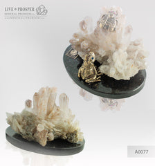 Bronze frog and Fly figures with Demantoid inserts with Quartz on a Dolerite plate