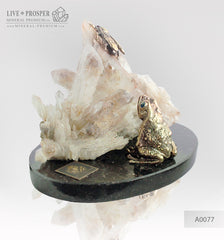 Bronze frog and Fly figures with Demantoid inserts with Quartz on a Dolerite plate