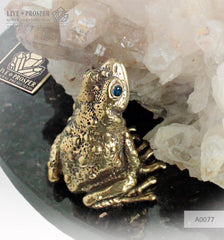 Bronze frog and Fly figures with Demantoid inserts with Quartz on a Dolerite plate