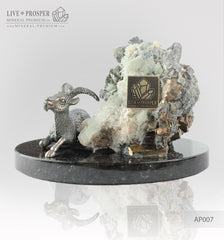 Silver figure of  Goat  mountain Capra with Pyrite on a Dolerite plate