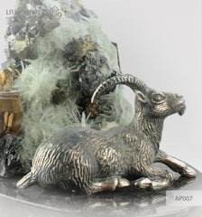 Silver figure of  Goat  mountain Capra with Pyrite on a Dolerite plate