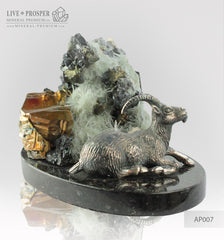 Silver figure of  Goat  mountain Capra with Pyrite on a Dolerite plate