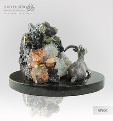 Silver figure of  Goat  mountain Capra with Pyrite on a Dolerite plate