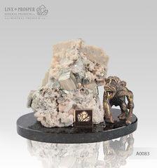 Bronze figure of Monkey on Guard with Pyrite calcite on Dolerite plate