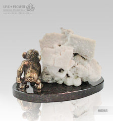Bronze figure of Monkey on Guard with Pyrite calcite on Dolerite plate