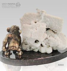 Bronze figure of Monkey on Guard with Pyrite calcite on Dolerite plate