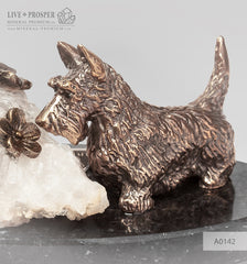 Bronze figure of a dog breed Terrier with calcite and pyrite on a dolerite plate  Бронзовая собака породы Терьер с кальцитом и пиритом на пластине из долерита