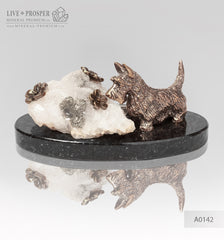 Bronze figure of a dog breed Terrier with calcite and pyrite on a dolerite plate  Бронзовая собака породы Терьер с кальцитом и пиритом на пластине из долерита