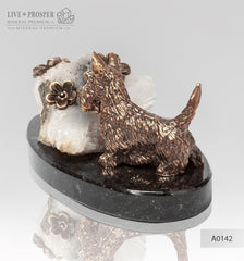 Bronze figure of a dog breed Terrier with calcite and pyrite on a dolerite plate  Бронзовая собака породы Терьер с кальцитом и пиритом на пластине из долерита