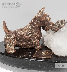 Bronze figure of a dog breed Terrier with calcite and pyrite on a dolerite plate  Бронзовая собака породы Терьер с кальцитом и пиритом на пластине из долерита