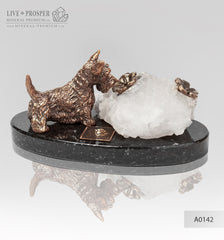 Bronze figure of a dog breed Terrier with calcite and pyrite on a dolerite plate  Бронзовая собака породы Терьер с кальцитом и пиритом на пластине из долерита