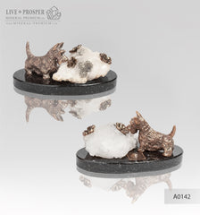 Bronze figure of a dog breed Terrier with calcite and pyrite on a dolerite plate  Бронзовая собака породы Терьер с кальцитом и пиритом на пластине из долерита