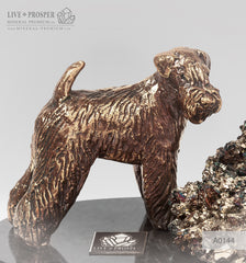 Bronze figure of a dog breed Fox Terrier with calcite and pyrite on a dolerite plate  Бронзовая собака породы Фокстерьер с пиритом на пластине из долерита