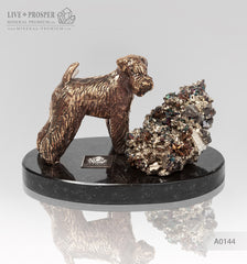 Bronze figure of a dog breed Fox Terrier with calcite and pyrite on a dolerite plate  Бронзовая собака породы Фокстерьер с пиритом на пластине из долерита