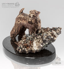 Bronze figure of a dog breed Fox Terrier with calcite and pyrite on a dolerite plate  Бронзовая собака породы Фокстерьер с пиритом на пластине из долерита