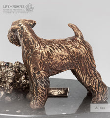 Bronze figure of a dog breed Fox Terrier with calcite and pyrite on a dolerite plate  Бронзовая собака породы Фокстерьер с пиритом на пластине из долерита