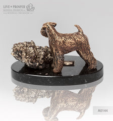 Bronze figure of a dog breed Fox Terrier with calcite and pyrite on a dolerite plate  Бронзовая собака породы Фокстерьер с пиритом на пластине из долерита