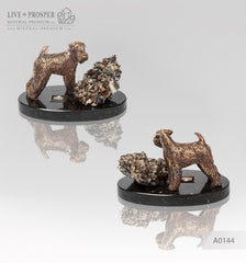 Bronze figure of a dog breed Fox Terrier with calcite and pyrite on a dolerite plate  Бронзовая собака породы Фокстерьер с пиритом на пластине из долерита