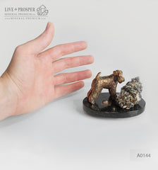 Bronze figure of a dog breed Fox Terrier with calcite and pyrite on a dolerite plate  Бронзовая собака породы Фокстерьер с пиритом на пластине из долерита