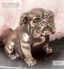 Bronze figure of a dog breed Bulldog with pink calcite and pyrite on a dolerite plate  Бронзовая собака породы Бульдог с розовым кальцитом на пластине из долерита