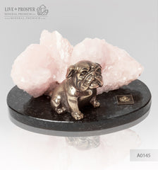 Bronze figure of a dog breed Bulldog with pink calcite and pyrite on a dolerite plate  Бронзовая собака породы Бульдог с розовым кальцитом на пластине из долерита
