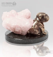 Bronze figure of a dog breed Bulldog with pink calcite and pyrite on a dolerite plate  Бронзовая собака породы Бульдог с розовым кальцитом на пластине из долерита